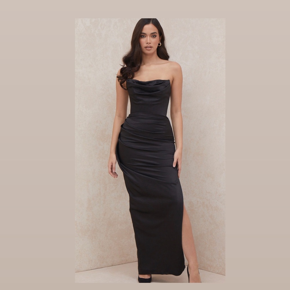 House of CB ADRIENNE - BLACK SATIN STRAPLESS CORSET MAXI